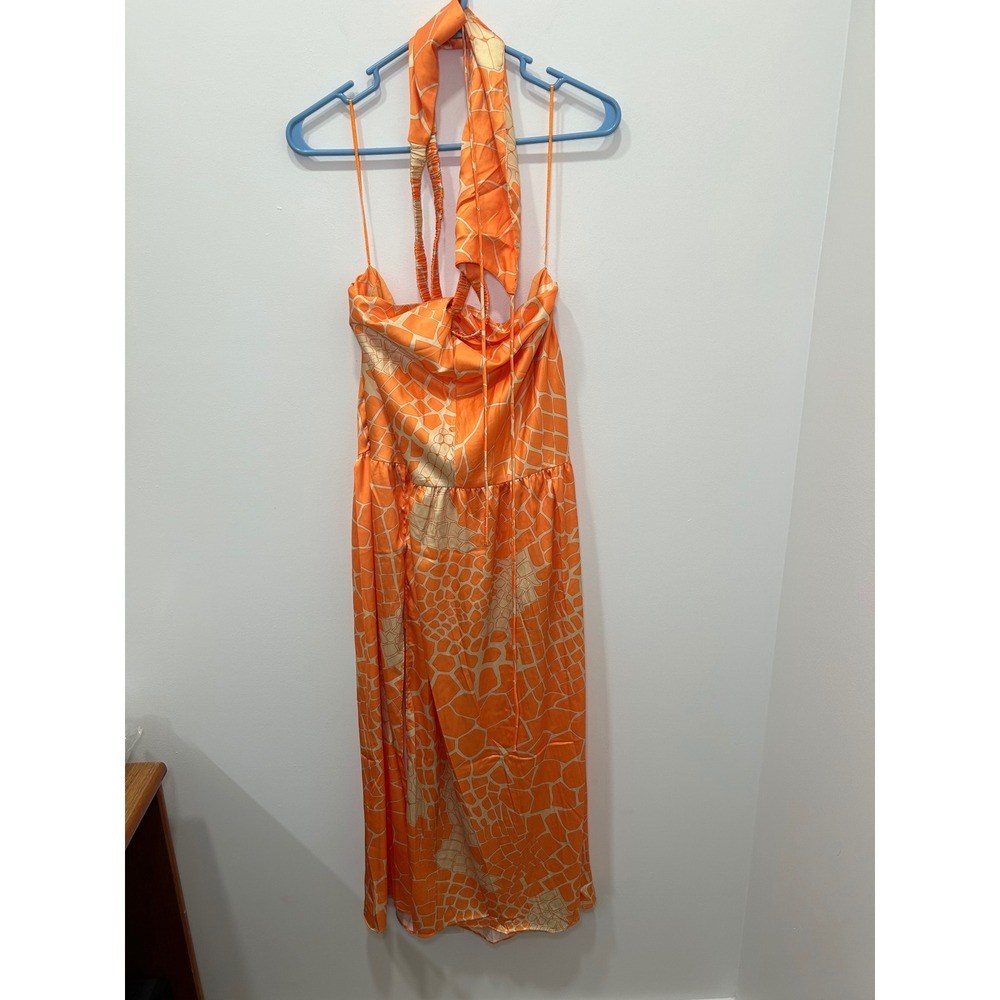 Fortunate One Midi Dress Women Size M Orange Gold Print Scarf Halter Satin NWT